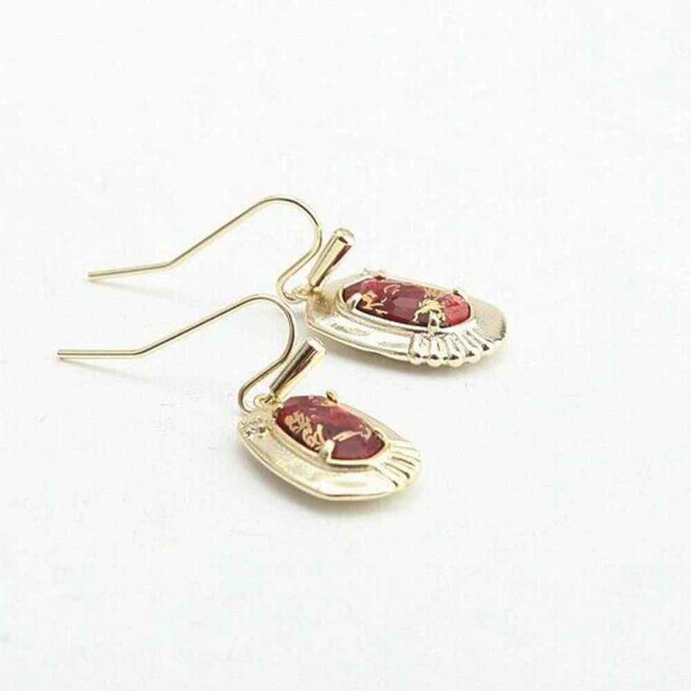 KENDRA SCOTT Anna Small Drop Gold Bronze Veined Maroon Jade Earrings - Picture 2 of 6